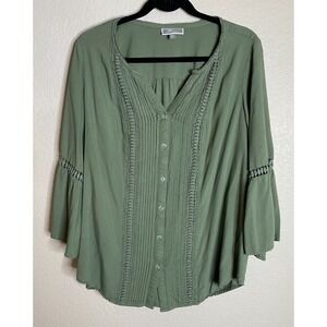 JM Collection Womens 2X Green Button Up Blouse Top Bell Sleeves Hippie Boho